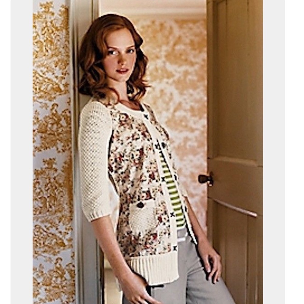 Anthropologie HWR Cardigan Sweater S Cream Floral - Picture 2 of 8